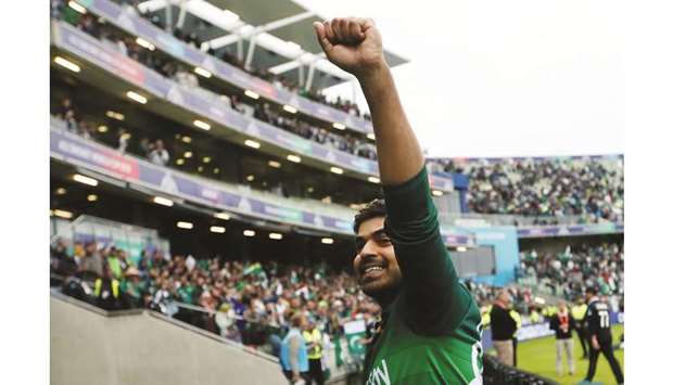 Pakistanu2019s Haris Sohail celebrates after the win over New Zealand at Edgbaston in Birmingham, United Kingdom, on Wednesday. (Reuters)