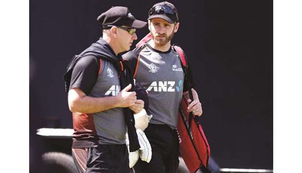 New Zealandu2019s Kane Williamson (right) speaks to head coach Gary Stead during nets at Lordu2019s Cricket Ground in London yesterday. (Reuters)