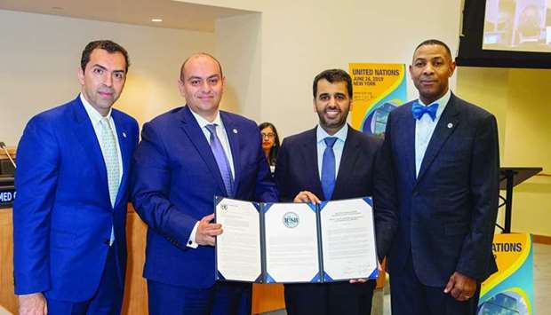 QDB CEO Abdulaziz bin Nasser al-Khalifa with other dignitaries on the sidelines of the u2018UN MSME Dayu2019 celebrations in New York.