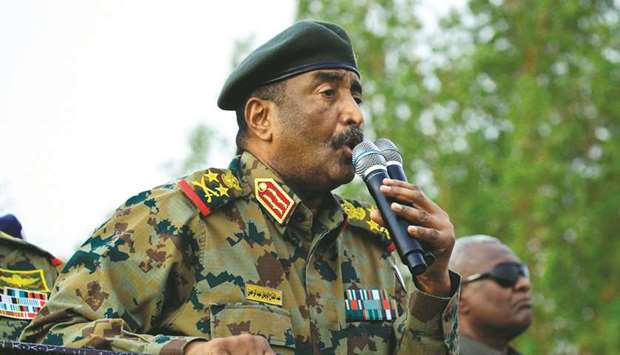 General Abdel Fattah al-Burhan, the head of Sudanu2019s ruling military council, addresses the crowd in Omdurman, yesterday.