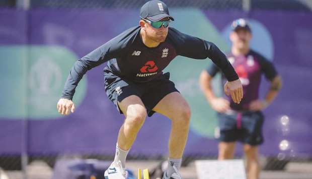 Englandu2019s captain Eoin Morgan takes part in a training session at Edgbaston in Birmingham, United Kingdom, yesterday. (AFP)