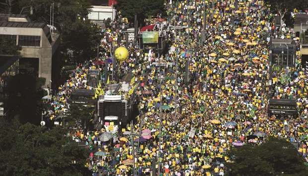 Supporters of Brazilian President Jair Bolsonaro demonstrate along Paulista Avenue in Sao Paulo, Brazil, in support of Justice Minister Sergio Moro.
