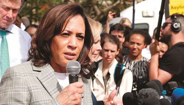 Democratic presidential hopeful Kamala Harris addresses the media about migrant children in front of a detention centre in Homestead, Florida on Saturday.