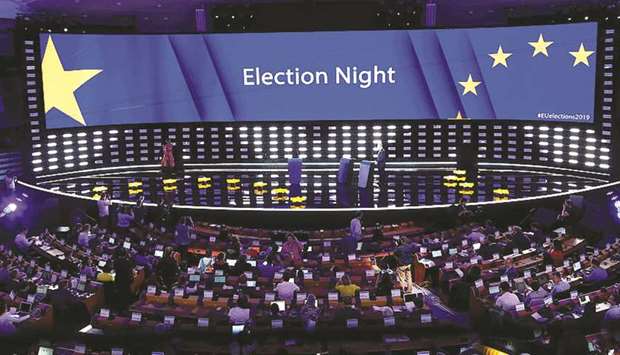 The Plenary Hall during the election night for European elections at the European Parliament in Brussels.