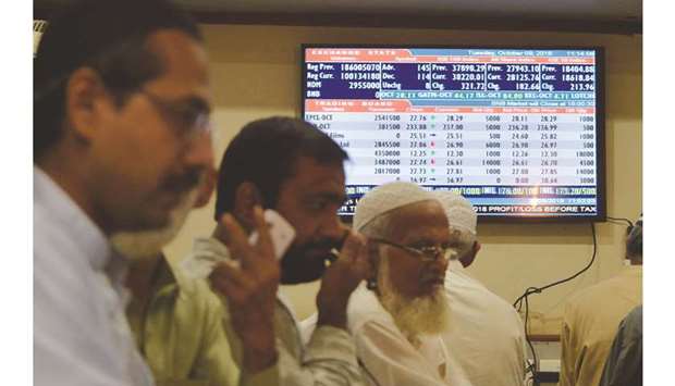 Pakistani stockbrokers watch the latest share prices on their monitors during a trading session at the Pakistan Stock Exchange in Karachi. The PSX meltdown of 20,000 points (38%) that began in May 2017 and continues to date, places it among the worst-performing regional markets.