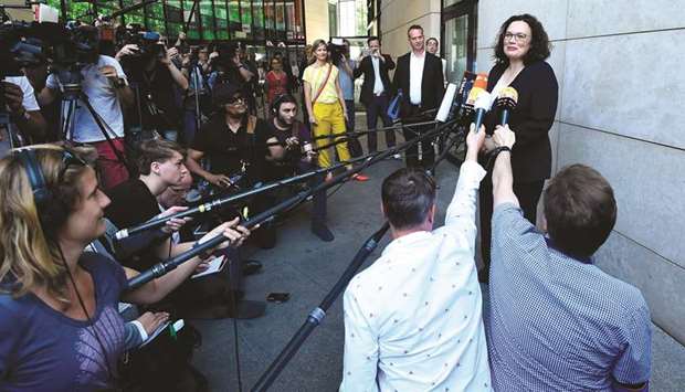 Outgoing Social Democratic Party (SPD) leader Andrea Nahles addresses the media in front of the SPD partyu2019s headquarters in Berlin yesterday.