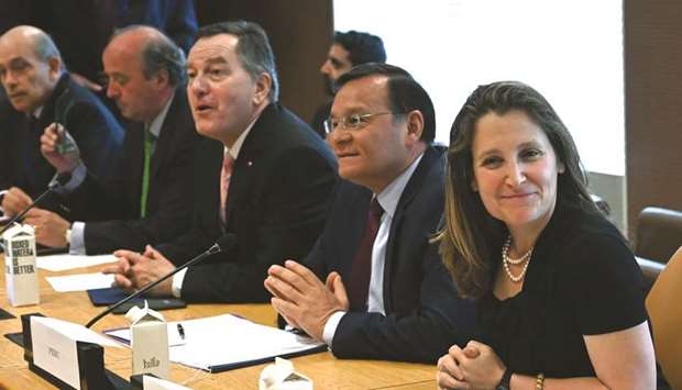 Chrystia Freeland, Minister of Foreign Affairs of Canada (right), attends a meeting on the Venezuela crisis with representatives of the Lima Group and the International Contact Group at the United Nations  in New York yesterday.