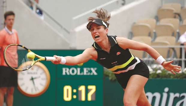 Britainu2019s Johanna Konta in action during her quarter-final match against Sloane Stephens  of the US at the French Open in Paris yesterday. (Reuters)