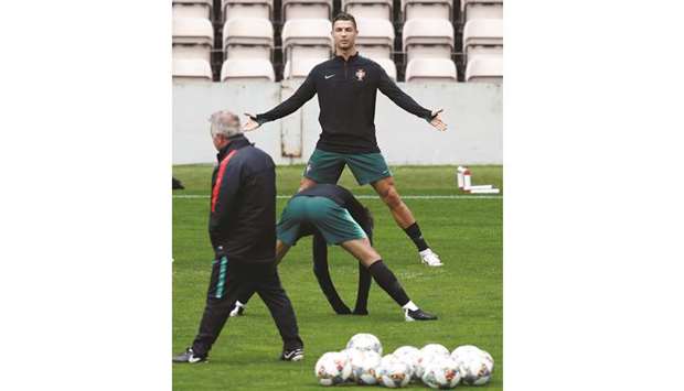 Portugalu2019s Cristiano Ronaldo trains on the eve of the Nations League semi-final against Switzerland in Porto, Portugal. (Reuters)