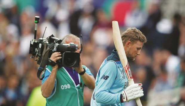 Englandu2019s Joe Root reacts after losing his wicket during the 2019 ICC World Cup match against Pakistan at Trent Bridge in Nottingham, England, on Monday. (Reuters)
