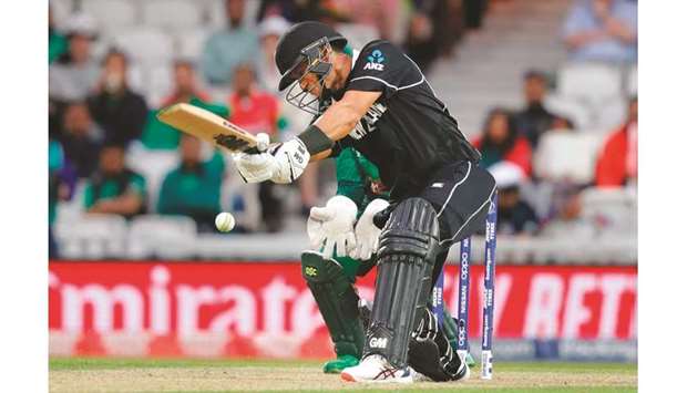 New Zealandu2019s Ross Taylor plays a shot during the 2019 ICC Cricket World Cup match against Bangladesh at The Oval in London yesterday. (AFP)
