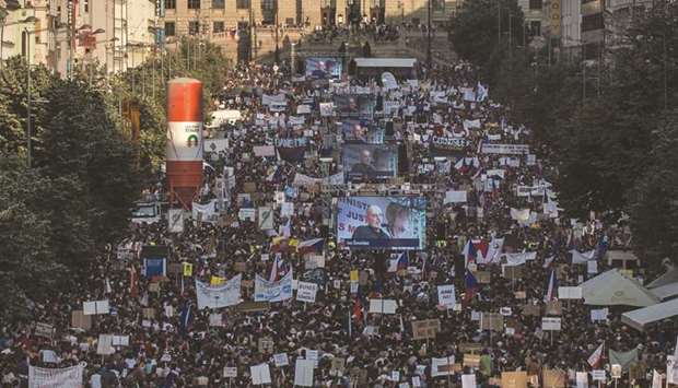 This picture taken on Tuesday evening shows the mass rally part in a rally at Pragueu2019s Venceslas Square, demanding the resignation of Czech Prime Minister Babis.