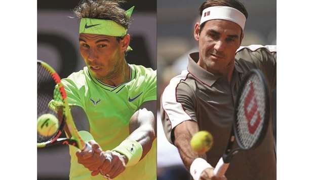 This combination of file pictures shows Spainu2019s Rafael Nadal (left) during his fourth round match of the French Open in Paris on June 2, 2019, and Switzerlandu2019s Roger Federer during his first round match on day 1 of the French Open on May 26, 2019. (AFP)