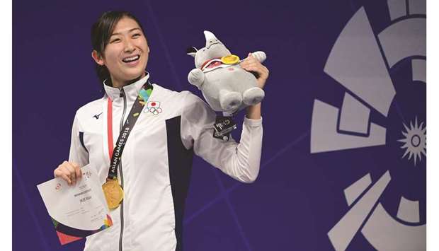 File photo of Japanu2019s Rikako Ikee celebrating winning the 50m  freestyle gold at the 2018 Asian Games in Jakarta.