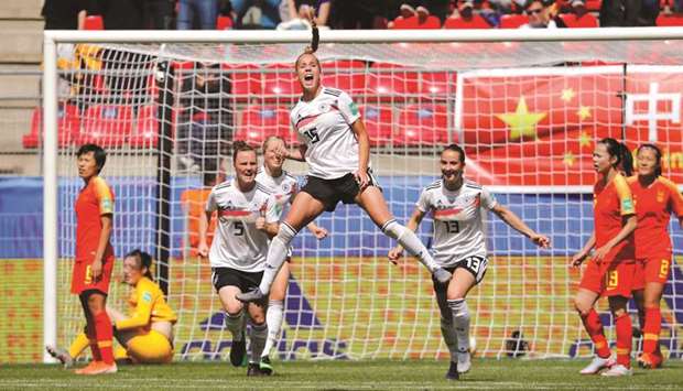 Germanyu2019s Giulia Gwinn is ecstatic after scoring against China in a Group B match at the Womenu2019s World Cup  in Rennes, France, yesterday. (Reuters)