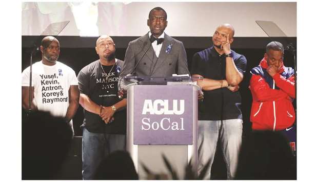 (From left) Antron McCray, Raymond Santana, Yusef Salaam, Kevin Richardson and Korey Wise appear on stage at the American Civil Liberties Union of Southern Californiau2019s 25th annual awards luncheon in Los Angeles on Friday.
