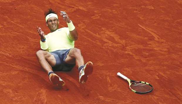 Spainu2019s Rafael Nadal celebrates after his French Open final against Austriau2019s Dominic Thiem in Paris yesterday.