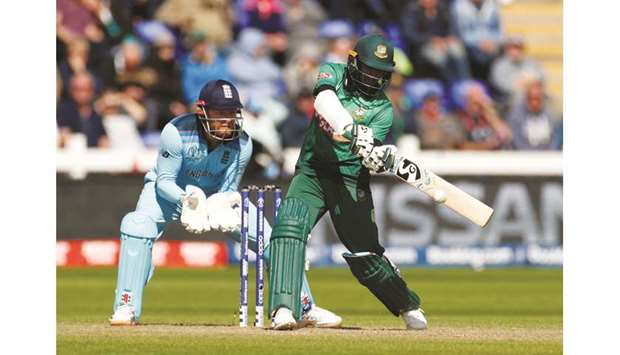 Bangladeshu2019s Shakib Al Hasan (right) in action during the 2019 ICC Cricket World Cup match against England in Cardiff on Saturday. (Reuters)