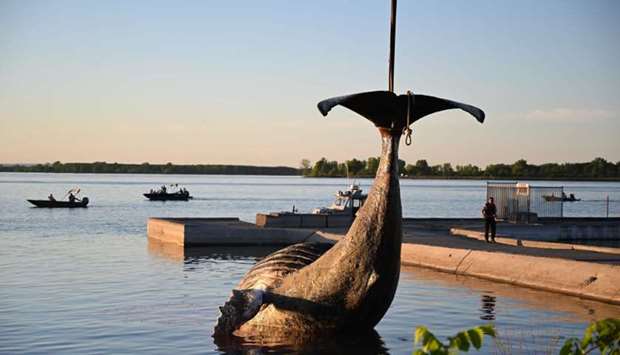 The body of a young humpback whale is lifted out of the water during yesterday evening in Sainte-Anne-de-Sorel (90 km east of Montreal), Quebec, where it was towed after being found east of Montreal in the morning hours