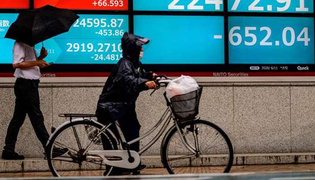 People walk past an electronic board displaying the numbers of the Nikkei 225 Index on the Tokyo Stock Exchange. The TSE fell 2.8% to 22,472.91 points yesterday.