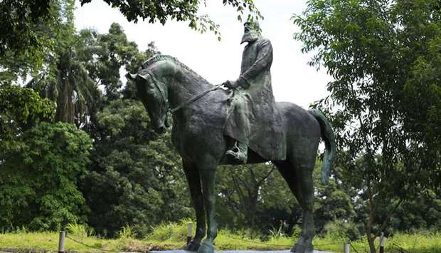 File photo taken on November 12, 2019 shows the statue of the former King of Belgium Leopold II  in the Mont-Ngaliema Park in the Congolese capital Kinshasa.