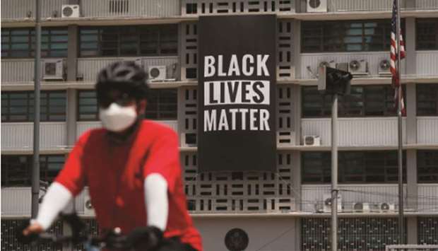 A huge Black Lives Matter banner is seen at the US embassy in Seoul.