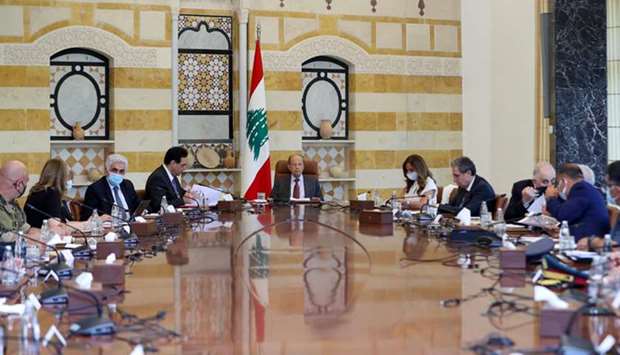 A handout picture provided by the Lebanese photo agency Dalati and Nohra yesterday shows President Michel Aoun chairing a meeting of the Supreme Council of Defence, at the presidential palace in Baabda, east of the capital Beirut.
