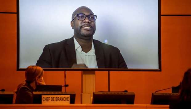 George Floyd's brother, Philonise Floyd, speaks (via video message) during an urgent debate on current racially inspired human rights violations, systematic racism, police brutality against people of African descent and violence against peaceful protests at the High-Level Segment of the 43rd session of the Human Rights Council, at the European headquarters of the United Nations in Geneva, Switzerland