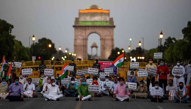 Protesters take part in an anti-China demonstration near India Gate in New Delhi yesterday.