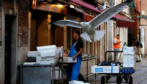 A seagull flies next to a fish shop at Rialto market, amid the coronavirus disease outbreak, in Venice, Italy