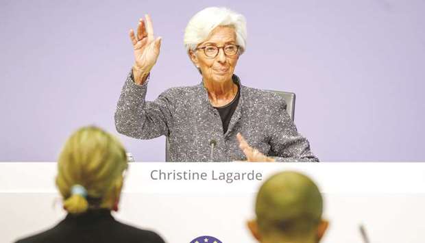 ECB president Christine Lagarde gestures during a news conference in Frankfurt (file). Lagarde told a video-conference summit yesterday that the full effects of Europeu2019s worst recession since World War Two had yet to appear in the labour market and unemployment in the 19-country eurozone could jump to 10% from 7.3% now.