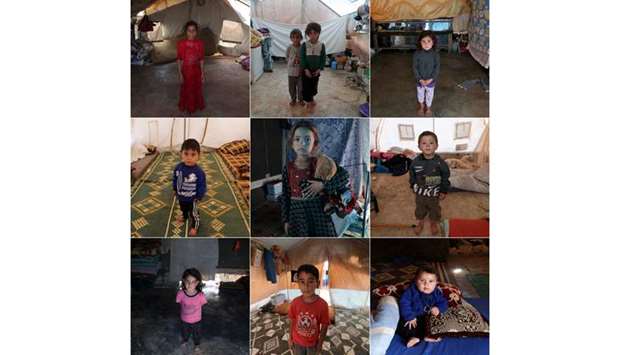 Combination picture shows (top row, L-R) Ranim Barakat, a nine-year-old displaced Syrian girl from Hama countryside; Jumana and Farhan al-Alyawi, a eight-year-old displaced twins from east Idlib; Maysaa Mahmoud, a five-year-old displaced child from Homs countryside; (middle row, L-R) Walid al-Khaled, a two-year-old displaced child from Aleppo city; Rawan al-Aziz, a six-year-old displaced child, from Southern Idlib countryside; Mahmoud al-Basha, a three-year-old displaced child; (bottom row, L-R) Mariam al-Mohamad, a four-year-old displaced child from Homs city; Mohamed Abdallah, a 7-year-old displaced Syrian boy from Jabal al-Zawiya in Idlibu2019s southern countryside and Abdul Rahman al-Fares, a four-month-old displaced baby from south Idlib countryside posing for pictures in a tent at Atmeh camp, near the Turkish border, Syria June 19, 2020.