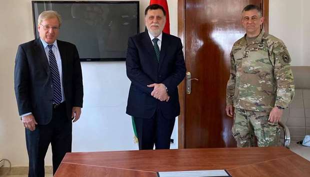 Libyau2019s internationally recognised Prime Minister Fayez al-Serraj meets with the US ambassador to Libya, Richard Norland and commander of US Africa Command (AFRICOM) Gen Stephen Townsend, in Zuwara, yesterday.