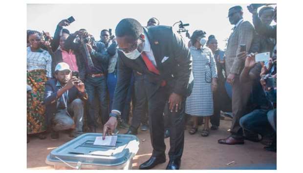 Malawi Congress Party (MCP) president Lazarus Chakwera casts his ballot during the presidential elections at the Malembo polling station in his home village in Lilongwe.