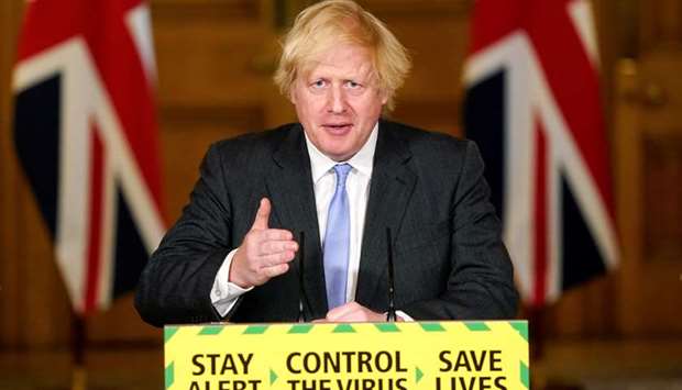 Prime Minister Boris Johnson speaks during a daily briefing to update on the coronavirus outbreak, at 10 Downing Street in London, Britain, yesterday.