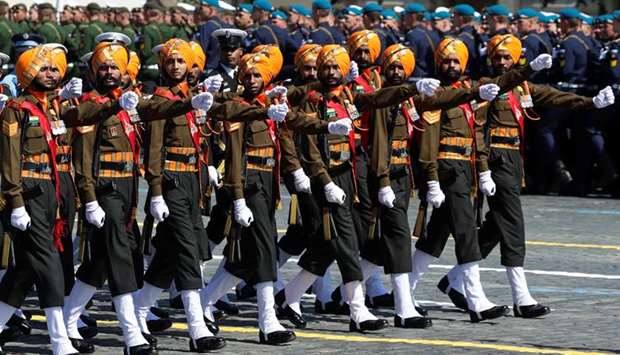 Indian servicemen march during the Victory Day Parade in Red Square in Moscow, Russia, yesterday.