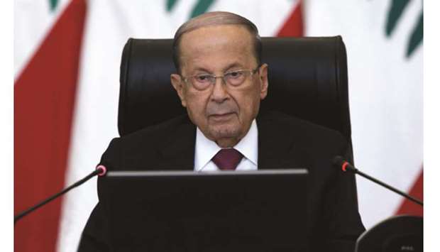 President Michel Aoun chairing a national meeting, at the presidential palace in Baabda, east of the capital Beirut.