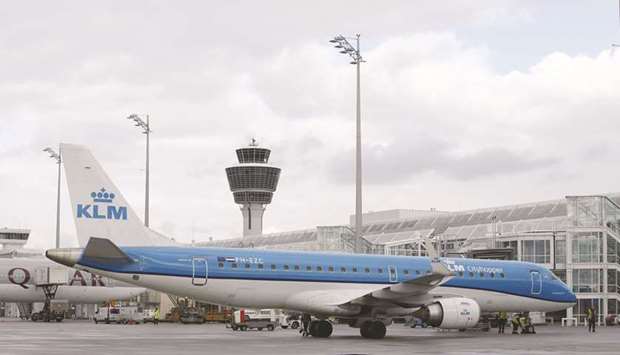 A passenger aircraft operated by KLM stands at the Munich airport. The Dutch government will appoint an observer to KLMu2019s board to ensure taxpayer money is spent only on the Dutch subsidiary of Air France-KLM, but wonu2019t have control of the business.