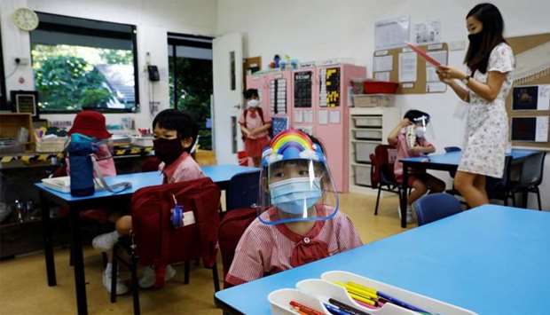 Children wearing protective face masks and shields attend preschool classes  as schools reopen amid the coronavirus disease outbreak in Singapore