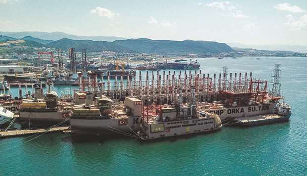 An aerial view of powerships docked in a shipyard at Altinova district, in Yalova on June 16. A Turkish companyu2019s expertise in turning freighters built for carrying coal or sand into mobile power stations is proving to be an antidote to woes brought onto energy supply projects by the coronavirus.