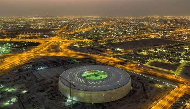 A view of the under-construction Al Thumama Stadium, as posted by the Supreme Committee for Delivery and Legacy (SC) on Twitter Sunday. ,This incredible design is inspired by the u2018gahfiyau2019 head cap, which is worn by men in Qatar and across the region,, the SC said