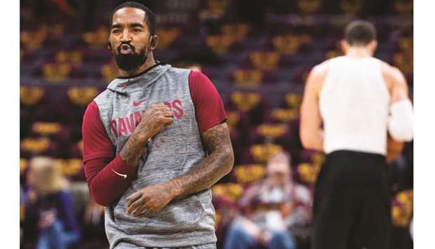 J R Smith of the Cleveland Cavaliers reacts during a warm up session prior to the game against the Atlanta Hawks at Quicken Loans Arena on October 21, 2018. (TNS)