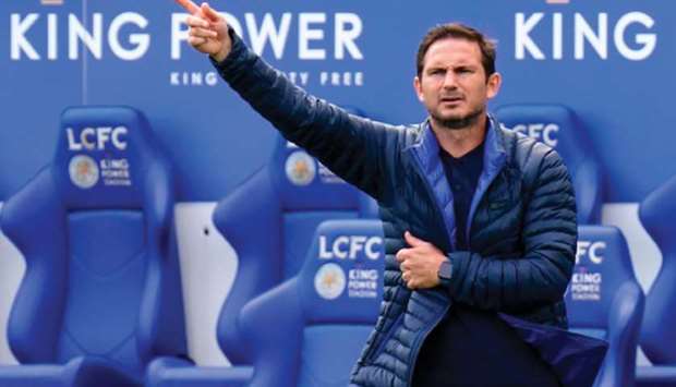 Chelseau2019s English head coach Frank Lampard gestures on the touchline during the English FA Cup quarter-final match against Leicester City at King Power Stadium in Leicester on Sunday. (AFP)