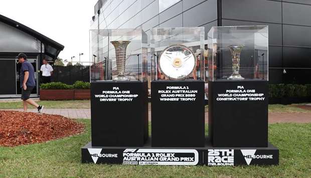 A display of the trophies before the first practice session for the Formula One Australian Grand Prix in Melbourne on March 13, 2020. (AFP)