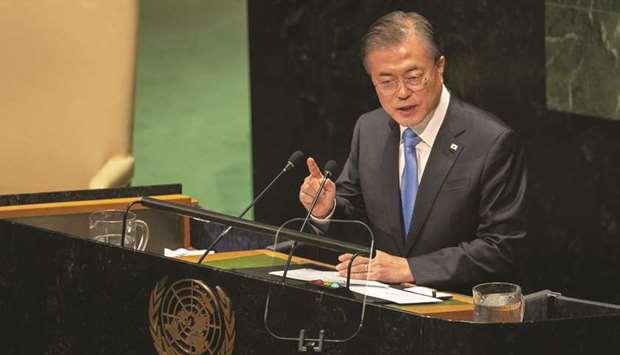 Moon Jae-in, South Koreau2019s President, speaks during the UN General Assembly meeting in New York (file).