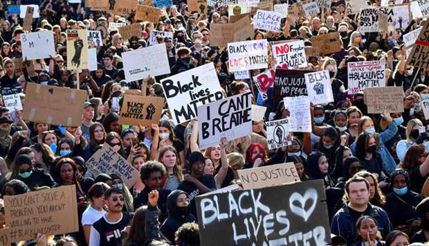 Protesters take part in a Black Lives Matter march in Stockholm yesterday.
