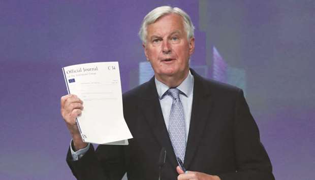 EUu2019s Brexit negotiator Michel Barnier gives a news conference after Brexit negotiations in Brussels yesterday. Barnier accused Britain of backtracking on divorce terms agreed last year as he reported u201cno significant progressu201d in four days of talks, held by videolink because of coronavirus.