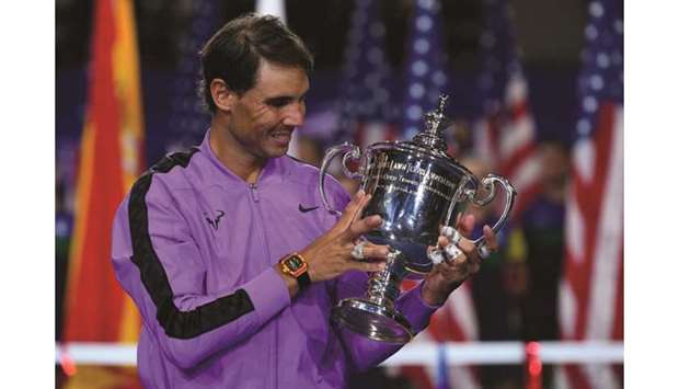 In this September 8, 2019, picture, Rafael Nadal of Spain celebrates with the US Open trophy at USTA Billie Jean King National Tennis Center in Flushing, New York, United States. (USA TODAY Sports)