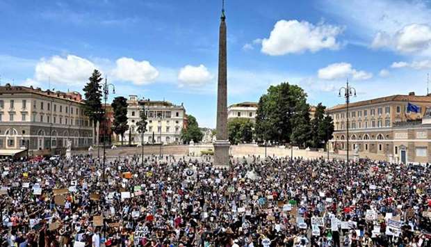 Protesters at a rally in solidarity with the u2018Black Lives Matteru2019 movement on the Piazza del Popolo in Rome.