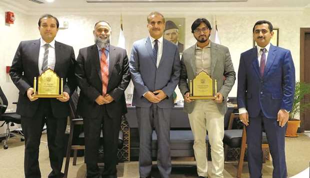From left, Adnan Khan, Professor Dr Abdul Shakoor, Ambassador Syed Ahsan Raza Shah, Yousaf Ashfaq, and Sarwar Hussain, Head of Chancery and Second Secretary at Pakistan embassy.